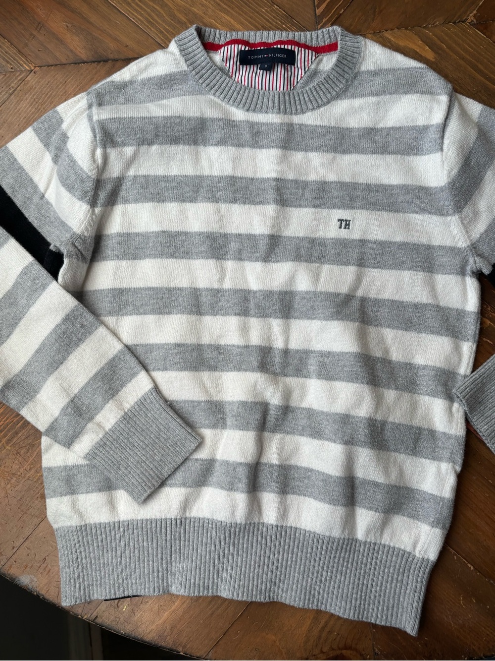 Tommy Hilfiger Gray & White Striped Crewneck Sweater with Subtle TH Logo